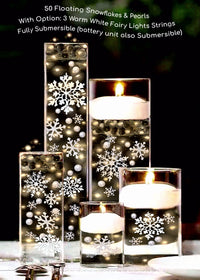50 Floating White Snowflakes & Pearls- With Transparent Water Gels Fills 1 Gallon for Your Vases- Option: 3 Submersible LED Fairy Lights Strings with Hidable and Submersible Batteries