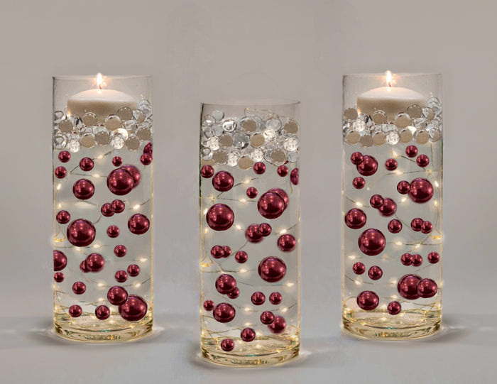 75 Floating Burgundy Pearls- Large- Fills 1 Gallon of the Floating Transparent Gels for Vases- With Measured Gels Kit- Option 3 Fully Led Fairy Lights Strings