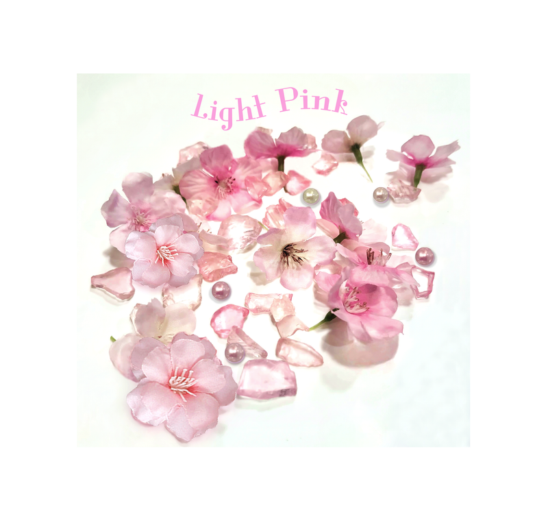 60 Floating Pink Cherry Blossoms Flowers, Matching Pebbles, and Pearls- Fills 1 Gallon of the Transparent Water Gels for your Vases- With Measured Prep Bag- Option of 3 Submersible Fairy Lights Strings