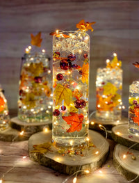 50 Floating Realistic Fall Leaves, Flowers, Pumpkin Gems-Pearls-Fills 1 Gallon Of Transparent Floating Gels-Options of 3 Submersible Fairy Lights String