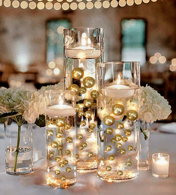 75 Floating Gold Pearls Large Sizes- Fills 1 Gallon of The Floating Transparent Water Gels for Your Vases- 3 Submersible Fairy Lights Strings