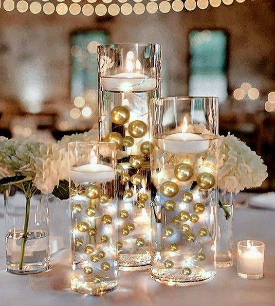 75 Floating Gold Pearls Large Sizes- Fills 1 Gallon of The Floating Transparent Water Gels for Your Vases- 3 Submersible Fairy Lights Strings