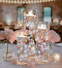 100 Floating Light Pink Pearls with Pink Sparkling Gems- Large Sizes- Fills 2 Gallons of The Floating Transparent Water Gels for Your Vases- Option: 6 Submersible Fairy Lights Strings