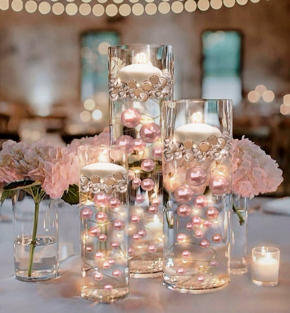 100 Floating Light Pink Pearls with Pink Sparkling Gems- Large Sizes- Fills 2 Gallons of The Floating Transparent Water Gels for Your Vases- Option: 6 Submersible Fairy Lights Strings