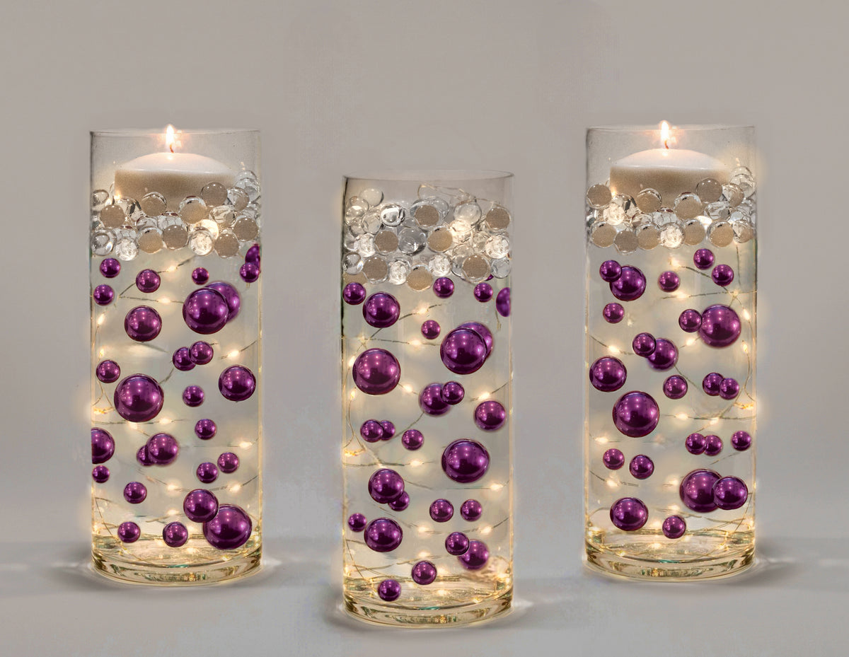 75 Floating Purple Plum Pearls Large Sizes- Option of 3 Submersible Fairy Lights Strings Hidable Submersible Batteries- 1 Gallon of Transparent Water Gels for Vases