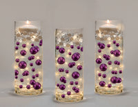 75 Floating Purple Plum Pearls Large Sizes- Option of 3 Submersible Fairy Lights Strings Hidable Submersible Batteries- 1 Gallon of Transparent Water Gels for Vases