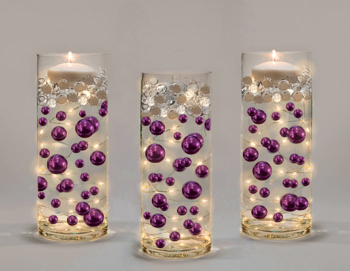75 Floating Purple Plum Pearls Large Sizes- Fills 1 Gallon of The Floating Transparent Water Gels for Your Vases- 3 Submersible Fairy Lights Strings