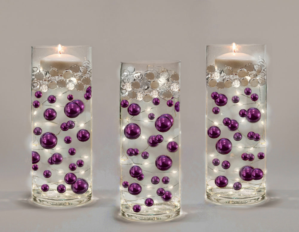 75 Floating Purple Plum Pearls Large Sizes- Option of 3 Submersible Fairy Lights Strings Hidable Submersible Batteries- 1 Gallon of Transparent Water Gels for Vases