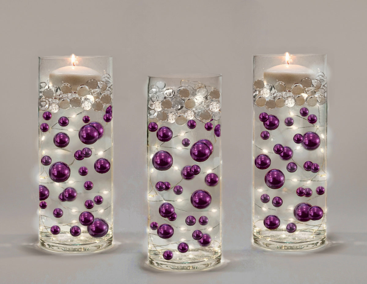 75 Floating Purple Plum Pearls Large Sizes- Option of 3 Submersible Fairy Lights Strings Hidable Submersible Batteries- 1 Gallon of Transparent Water Gels for Vases