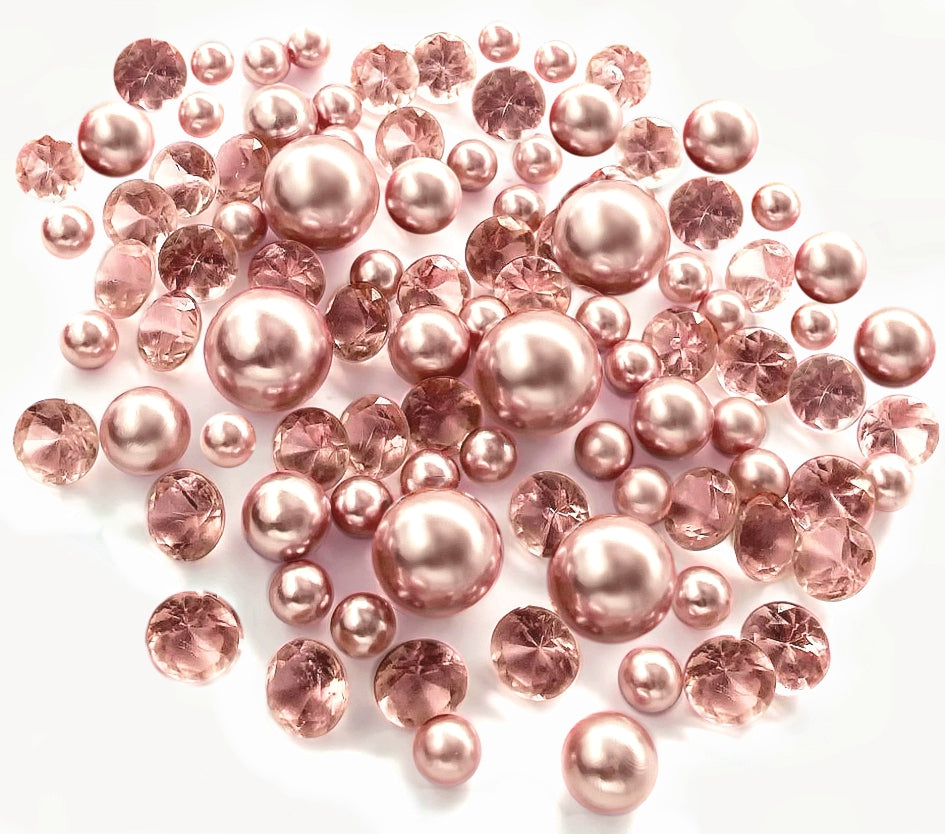 100 Floating Rose Gold Pearls & Floating Rose Gold Gems- Fills 2 Gallons of The Transparent Floating Gels-With Exclusive Gels Prep Bags-Option of 6 Submersible Fairy Lights Strings