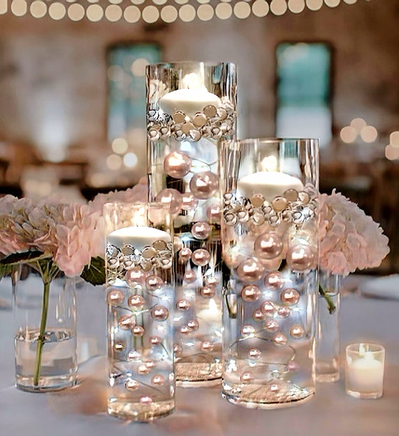 75 Floating Rose Gold Pearls - Shiny - 1 Pk Fills 1 Gallon of Transparent Floating Gels - With Measured Gels Prep Bag - Option of 3 Submersible Fairy Lights Strings