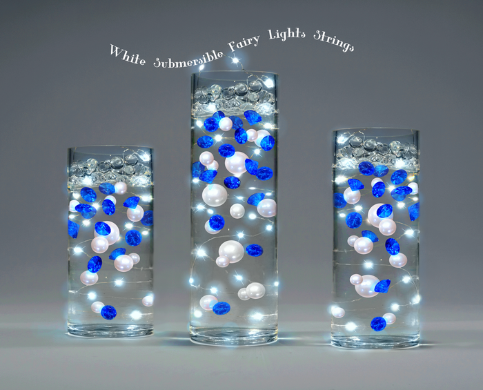 100 Floating Royal Blue Gems & White Pearls-Shiny-Jumbo Sizes-Fills 2 Gallons of Transparent Gels for the Floating Effect-With Gels Prep Bags-Option: 6 Submersible Fairy Lights Strings