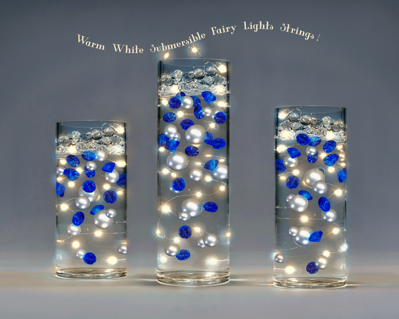 100 Floating Royal Blue Gems & Floating Silver Pearls-Shiny-Jumbo Sizes-Fills 2 Gallons of Transparent Gels for Floating Effect-With Measured Floating Gels Prep Bags-Option: 6 Submersible Fairy Lights Strings