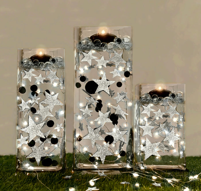 50 Floating Silver Stars Glitter-Fills Gallons for Your Vases With Transparent Floating Gels Kit+Option of Submersible Fairy Lights-Stunning Vase Decorations