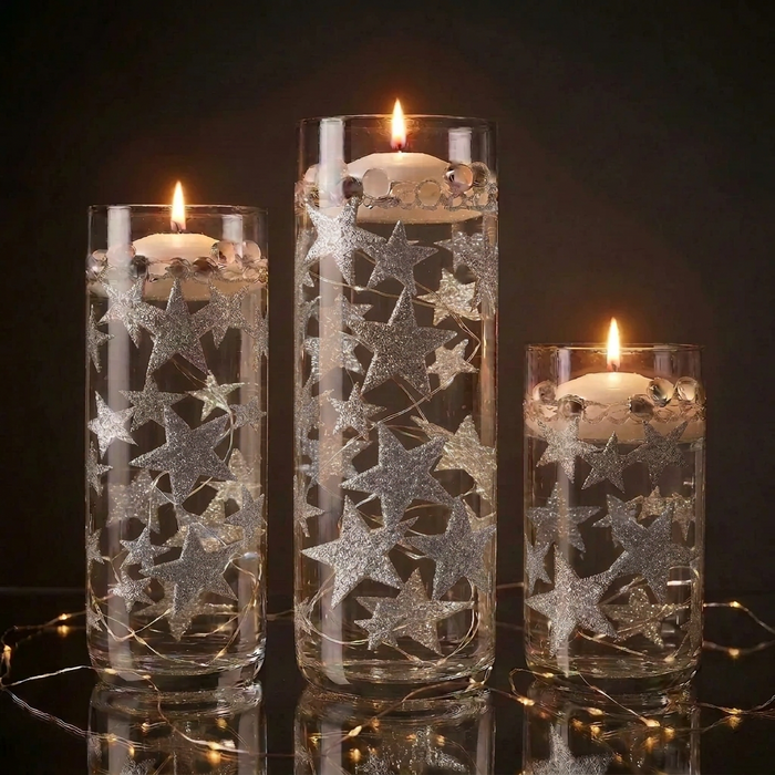 50 Floating Silver Stars Glitter-Fills 1 Gallon for Your Vases With Transparent Floating Gels Kit- With an Option of: 3 Submersible LED Fairy Lights Strings with Hidable & Submersible Batteries