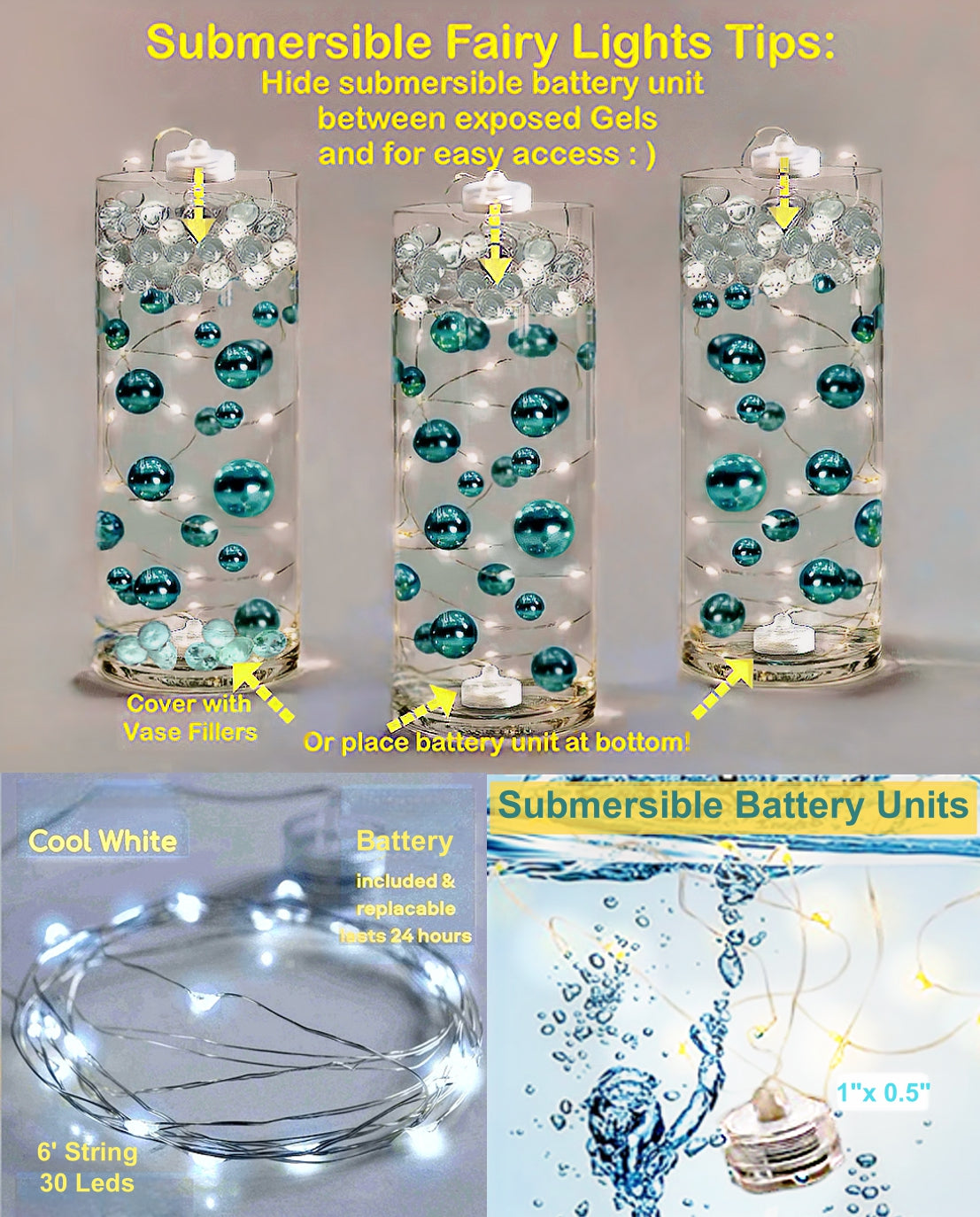 100 Floating Rose Gold Pearls & Floating Rose Gold Gems- Option of 6 Submersible Fairy Lights Strings Hidable Submersible Batteries- 2 Gallons of Transparent Water Gels for Vases
