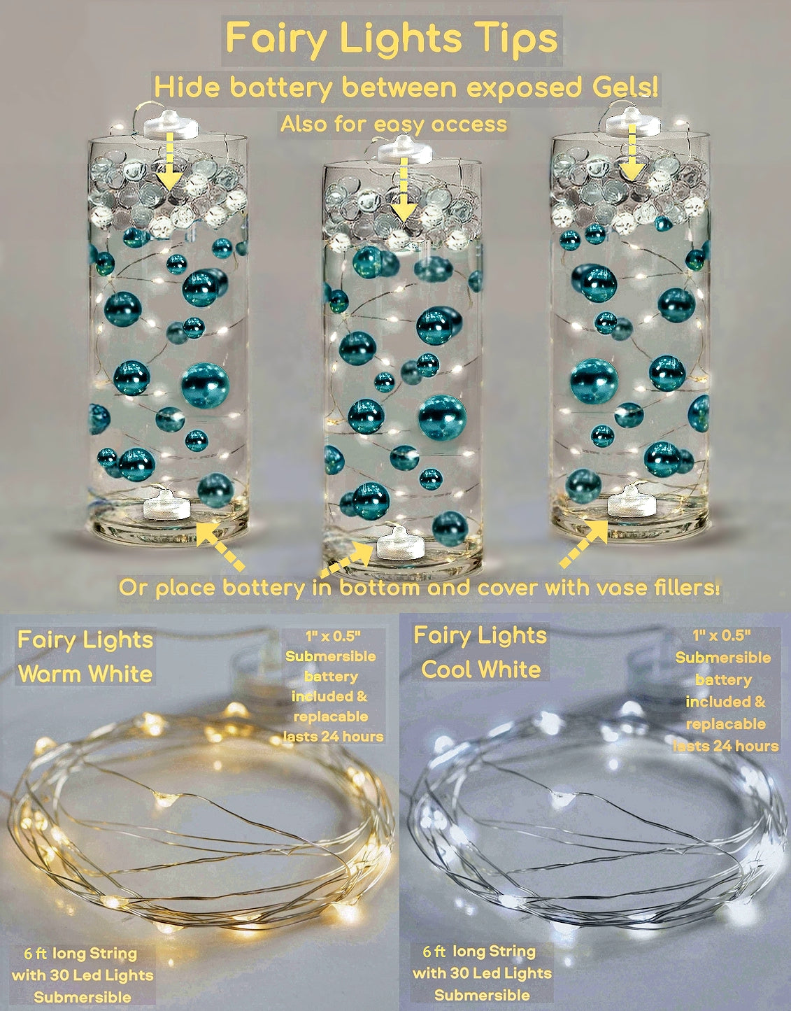 100 Floating White Seashells- White Coral Reef-Pearls-Aqua Sea Color Gels- Fills 1 Gallon for Your Vases- With Pre-Measured Prep Bag-Option of 3 Submersible Fairy Lights Strings