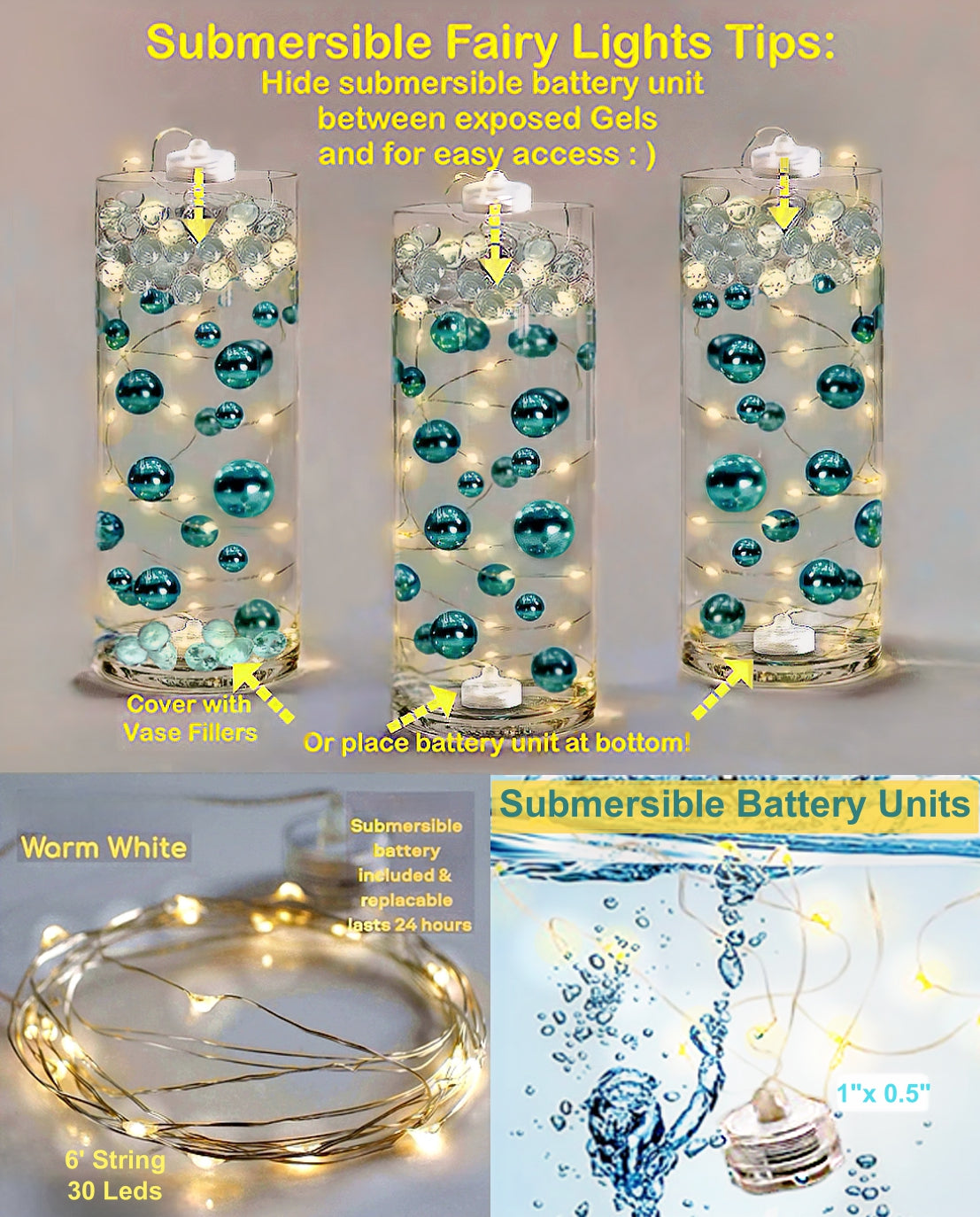 100 Floating Rose Gold Pearls & Floating Rose Gold Gems- Option of 6 Submersible Fairy Lights Strings Hidable Submersible Batteries- 2 Gallons of Transparent Water Gels for Vases