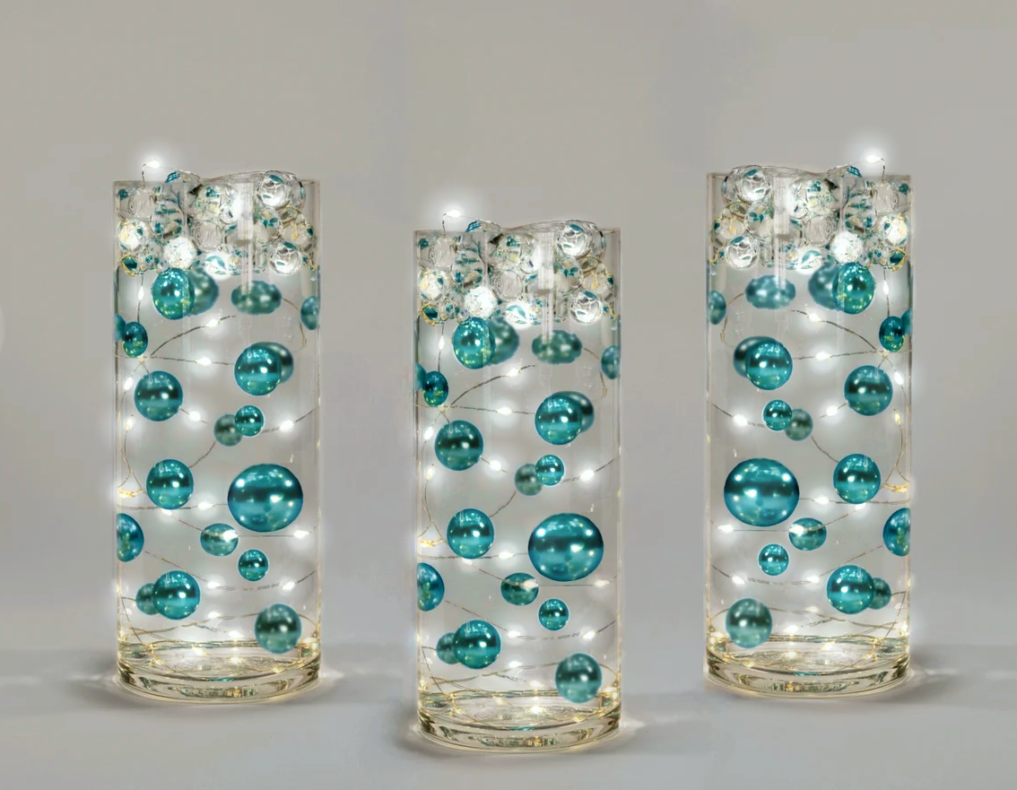 50 Floating Turquoise Blue/Teal Pearls-Fills 1 Gallon of The Transparent Gels for The Floating Effect-With Measured Gels Prep Bag-Option of 3 Fairy Lights Strings