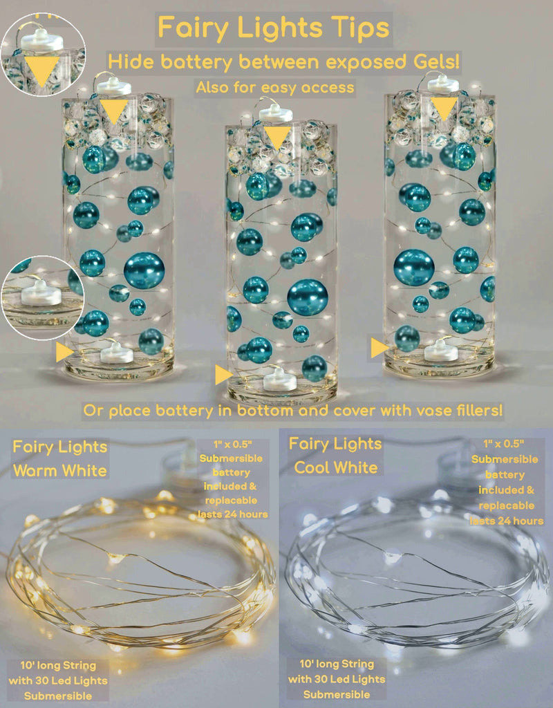 100 Floating Turquoise Blue/Teal Pearls and Matching Gems-Fills 2 Gallons of The Transparent Gels for the Floating Effect-Option: 6 Submersible Fairy Lights Strings