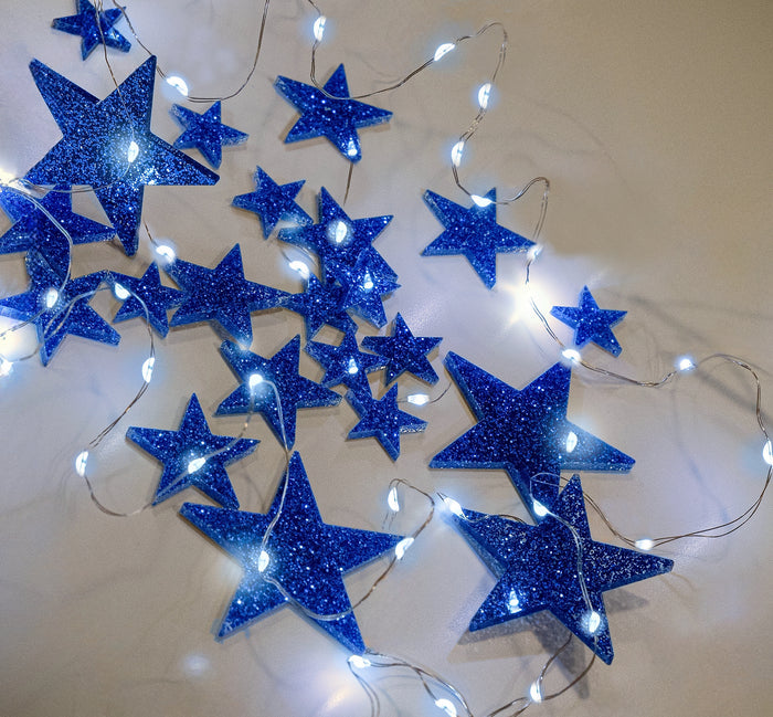 50 Blue Floating Stars-Sparkling Large Size-Fills 1 Gallon for Your Vases-Including Transparent Floating Gels Kit-Option: 3 Submersible Fairy Lights