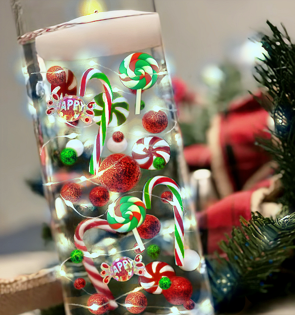 50 Floating Christmas Red/Green Candy Canes-Peppermints-Lollipops-Pearls-Fills 4 Medium Size Vases-With Measured Floating Gels Kit/Prep Bag-Option of 3 Submersible Fairy Lights