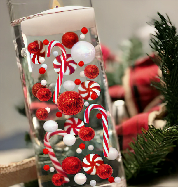 50 Floating Sparkling Christmas Red/White Peppermints-Candy Canes-Pearls-Fills 1 Gallon-With Measured Transparent Gels Floating Kit-Option:FairyLights