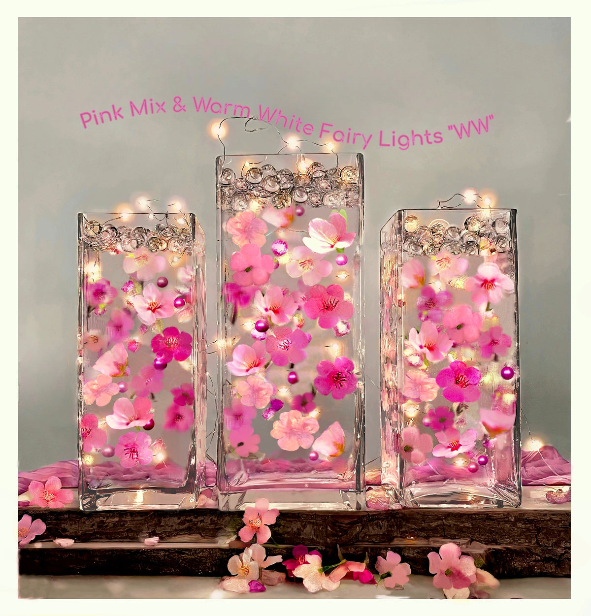 60 Floating Pink Cherry Blossoms Flowers, Matching Pebbles, and Pearls- Fills 1 Gallon of the Transparent Water Gels for your Vases- With Measured Prep Bag- Option of 3 Submersible Fairy Lights Strings