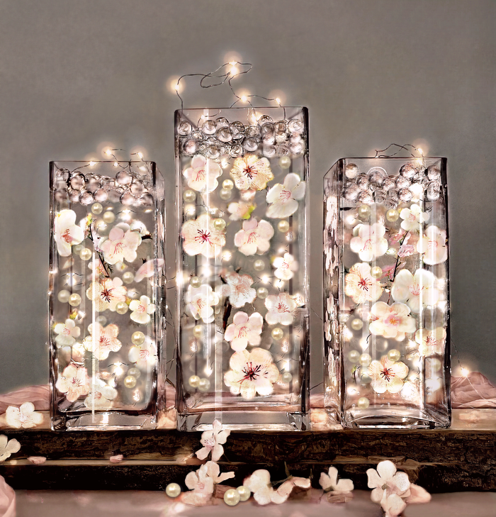 60 Floating White/Ivory/Pink Cherry Blossoms Flowers with Matching Pearls or Tumbled Glass-Fills 1 Gallon of Floating Gels for the Floating Effect-With Exclusive Measured Floating Prep Bag-Option:3 Submersible Fairy Lights Strings