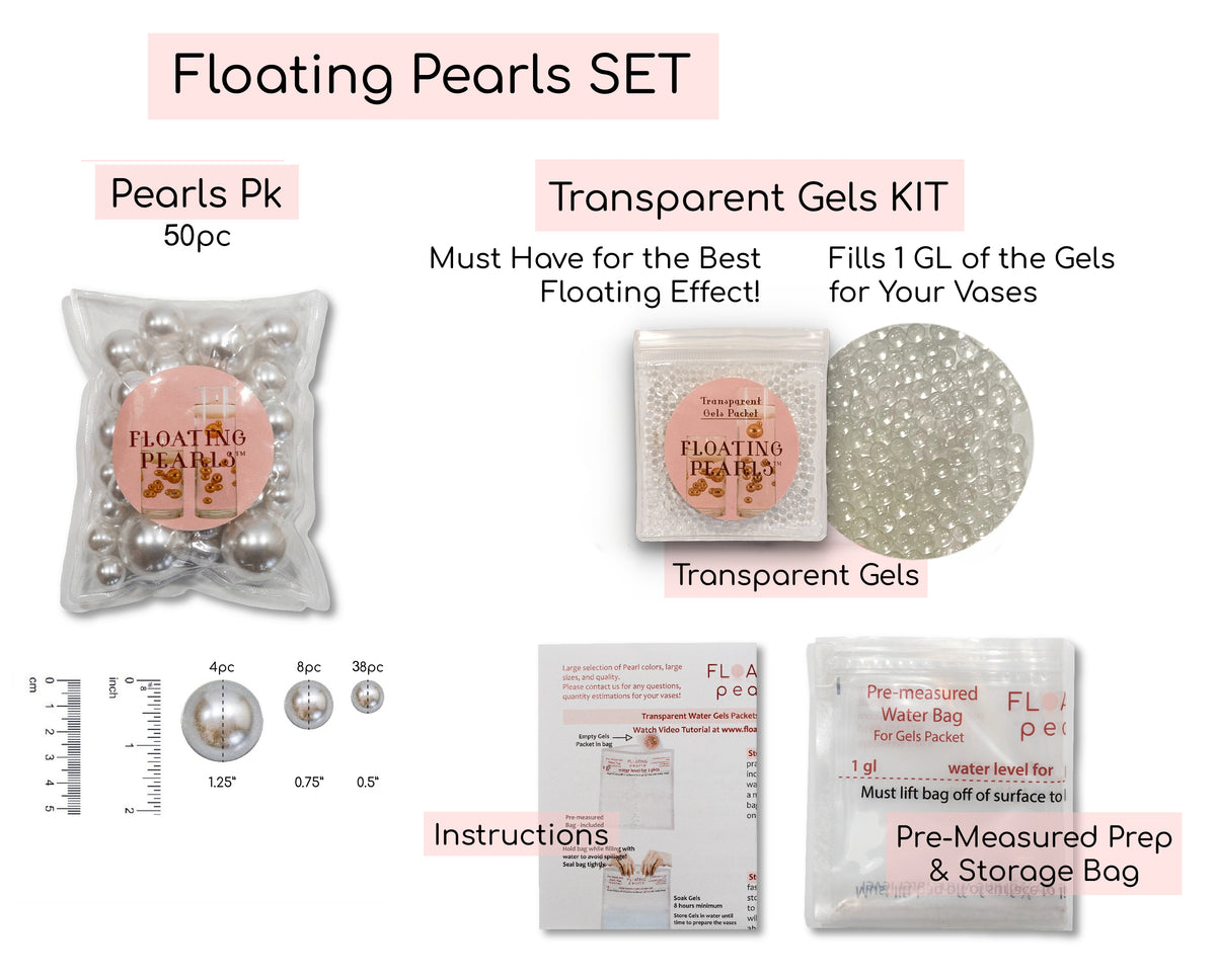 75 Floating White Pearls-Fills 1 Gallon of Floating Pearls & Transparent Gels for Floating Effect-With Exclusive Measured Gels Prep Bag-Option: 3 Submersible Fairy Lights Strings