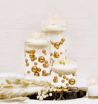 75 Floating Gold Pearls Large Sizes- Fills 1 Gallon of The Floating Transparent Water Gels for Your Vases- 3 Submersible Fairy Lights Strings