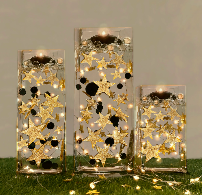 Floating Glowing Gold Stars-Large Sizes-Fills 1 Gallon of Floating Stars and the Transparent Gels for Vases-Including Measured Prep Bag-Option of Submersible Fairy Lights Strings