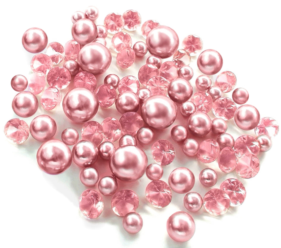 100 Floating Light Pink Pearls with Pink Sparkling Gems- Large Sizes- Fills 2 Gallons of The Floating Transparent Water Gels for Your Vases- Option: 6 Submersible Fairy Lights Strings