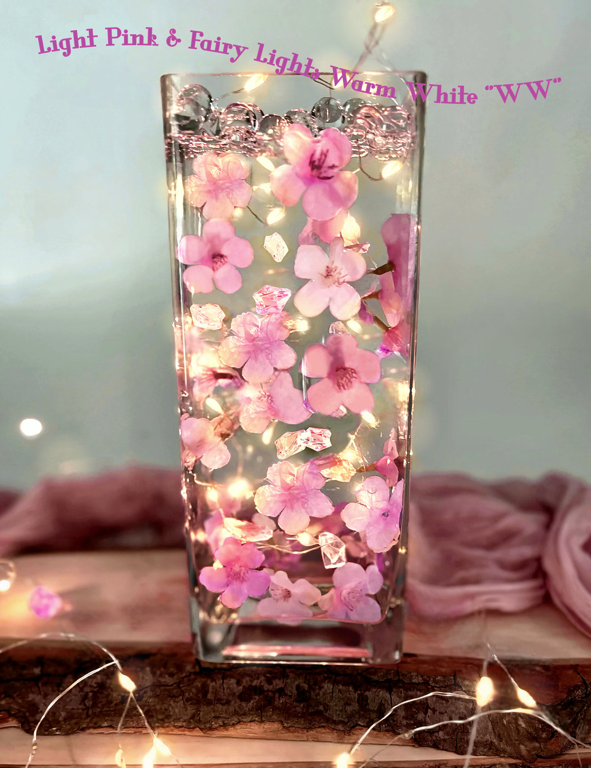 60 Floating Pink Cherry Blossoms Flowers, Matching Pebbles, and Pearls- Fills 1 Gallon of the Transparent Water Gels for your Vases- With Measured Prep Bag- Option of 3 Submersible Fairy Lights Strings