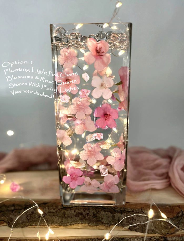 60 Floating Pink Cherry Blossoms-Matching Pink Sea Glass & Pearls-Fills 1 Gallon of the Transparent Gels for the Floating Effect-With Measured Prep Bag-Option:3 Submersible Fairy Lights