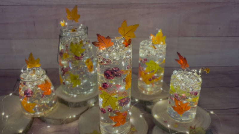 50 Floating Realistic Fall Leaves, Flowers, Pumpkin Gems-Pearls-Fills 1 Gallon Of Transparent Floating Gels-Options of 3 Submersible Fairy Lights String