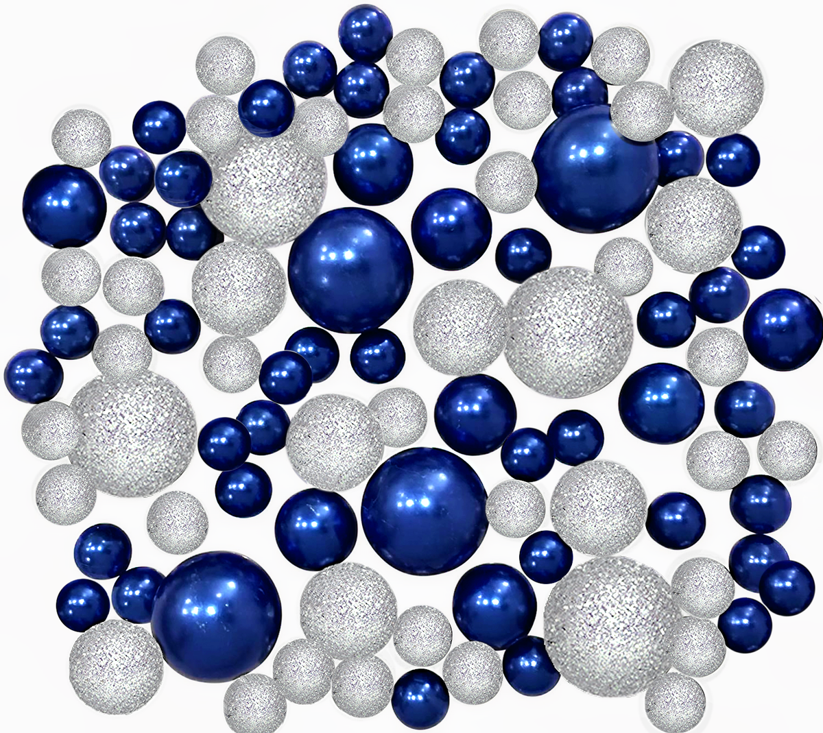 115 Floating Royal Blue/ Navy Pearls & Silver Glitter Pearls-Large-Option of 6 Submersible Fairy Lights Strings with Hidable Submersible Batteries- Fills 2 Gallons of Transparent Water Gels for Your Vases