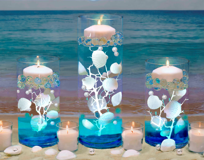 100 Floating White Seashells- White Coral Reef-Pearls-Aqua Sea Color Gels- Fills 1 Gallon for Your Vases- With Pre-Measured Prep Bag-Option of 3 Submersible Fairy Lights Strings