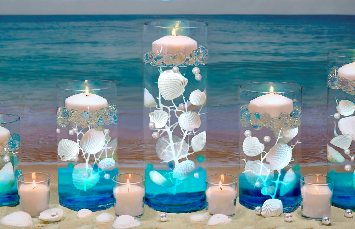 100 Floating White Seashells- White Coral Reef-Pearls-Aqua Sea Color Gels- Fills 1 Gallon for Your Vases- With Pre-Measured Prep Bag-Option of 3 Submersible Fairy Lights Strings
