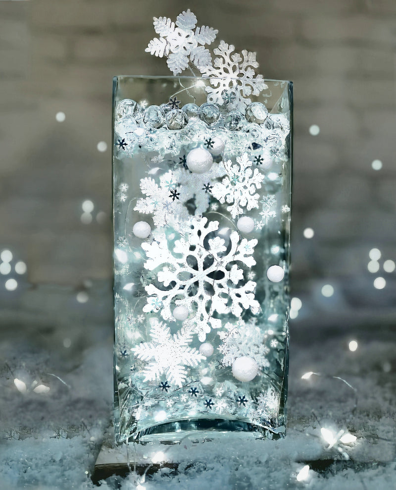 50 Floating Sparkling Snowflakes-Glitter Snowballs-Confetti-Fills 1 Gallon for Your Vases-With Transparent Gels Floating Kit-Option:3 Submersible Fairy Lights Glow-Vase Decorations