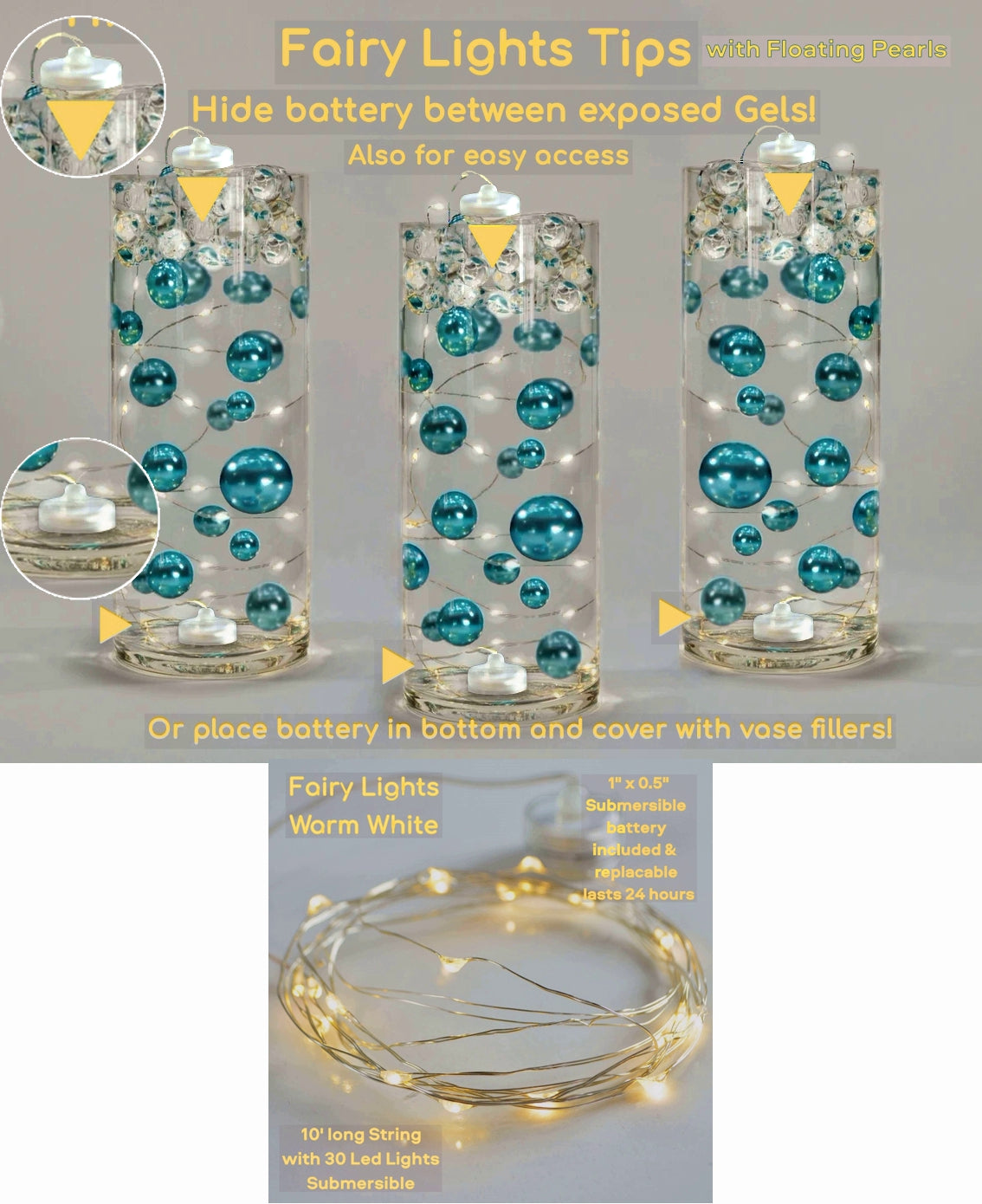 75 Floating Gold Pearls- Large- Fills 1 Gallon of Floating Pearls and Transparent Floating Gels- With Measured Gels Prep Bag- Option of 3 Fairy Lights Strings