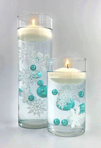 50 Floating Sparkling Snowflakes-Aqua Blue Pearls-Snowballs-Fills 1 Gallon-With Transparent Gels Floating Kit-Option: 3 Floating Submersible Fairy Lights-Vase Decorations