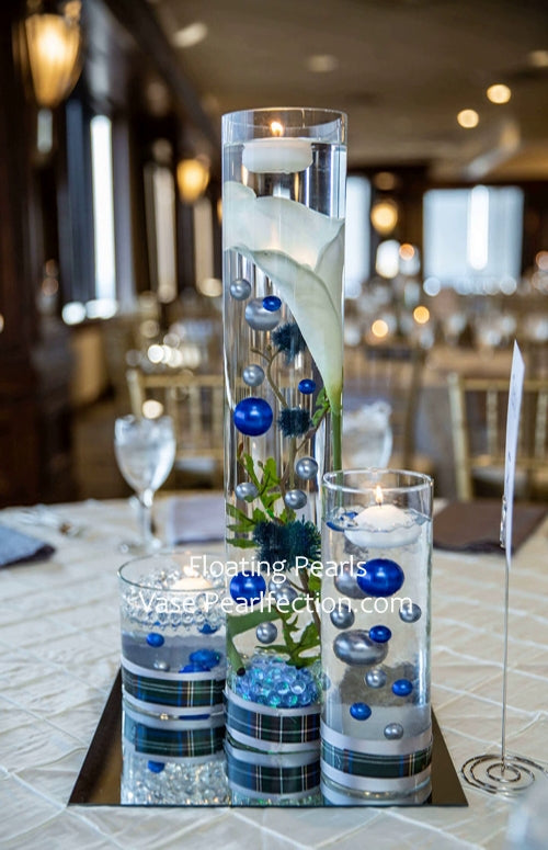 75 Floating Royal Blue (Navy) Pearls-Shiny-Jumbo Sizes-Fills 1 Gallon of Floating Pearls & Transparent Gels for Your Vases-With Transparent Gels Floating Kit-Option: 3 Submersible Fairy Lights Strings